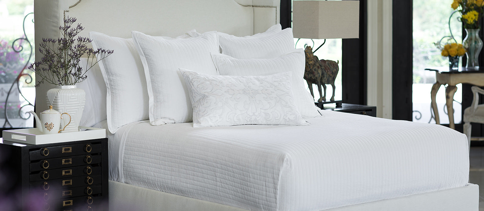 Lili Alessandra Mozart White Linen and Straw Velvet Bed Throw and Pillows