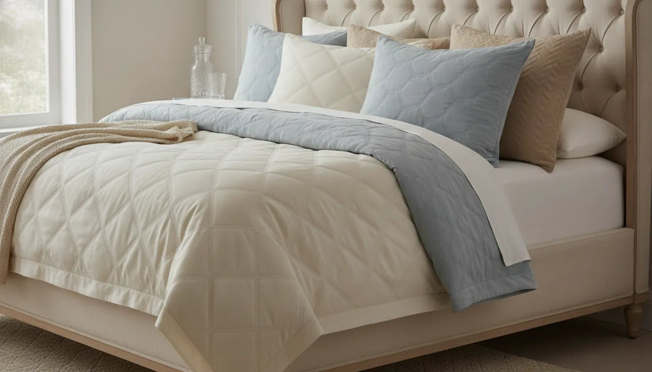 Quilted Euro shams layered on an elegant luxury bed