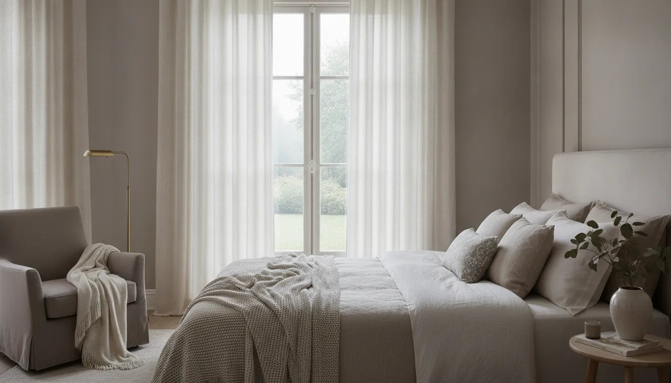 Custom drapery panels framing an elegant neutral bedroom