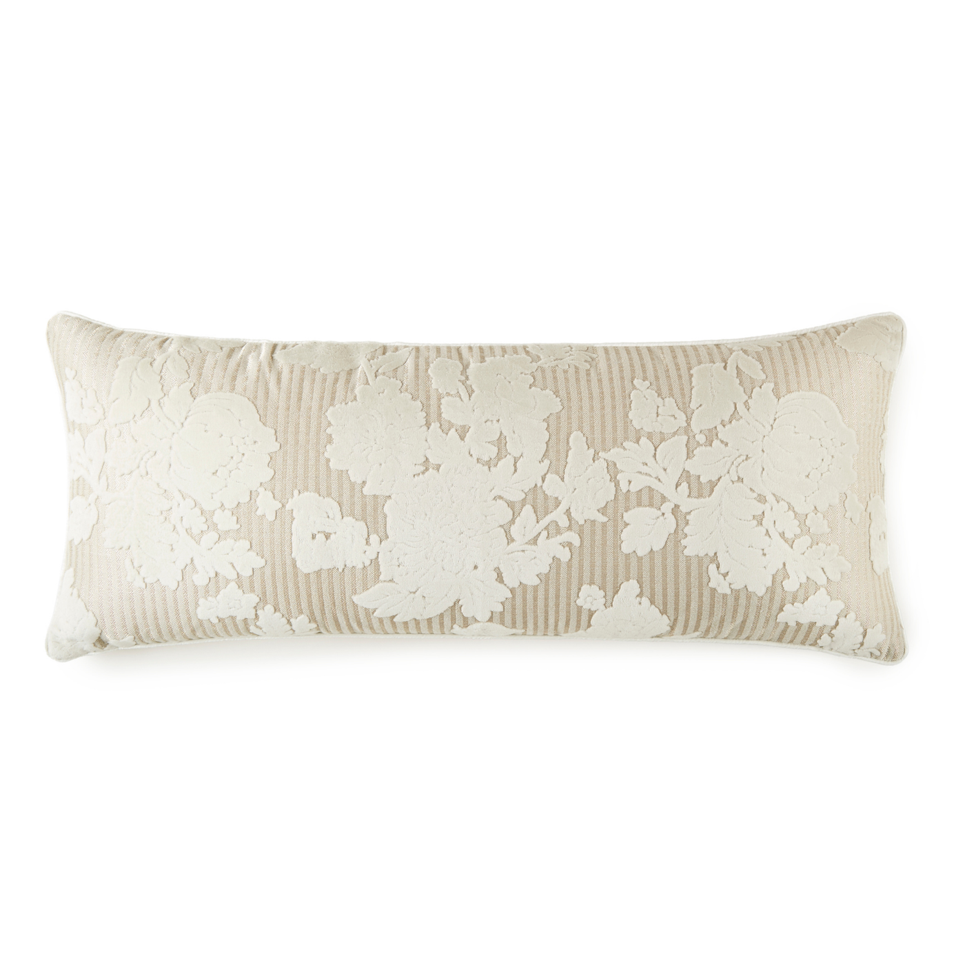 Tharper Pinstripe Ivory Woven Jacquard Chenille Medium Rectangle Pillow with Ivory Piping (14x36) Made-To-Order