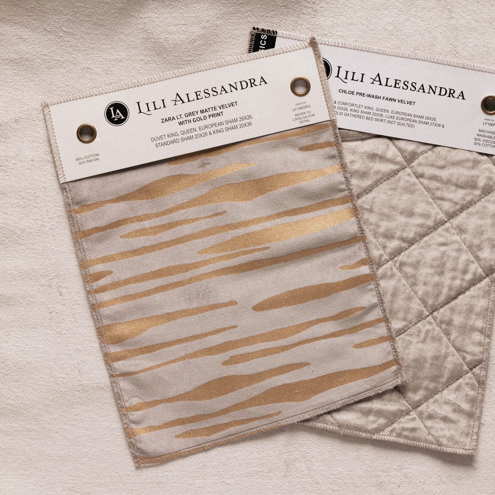 Zara Bedding Lt. Grey Velvet Gold Print Swatch 8.5X11 Lili Alessandra