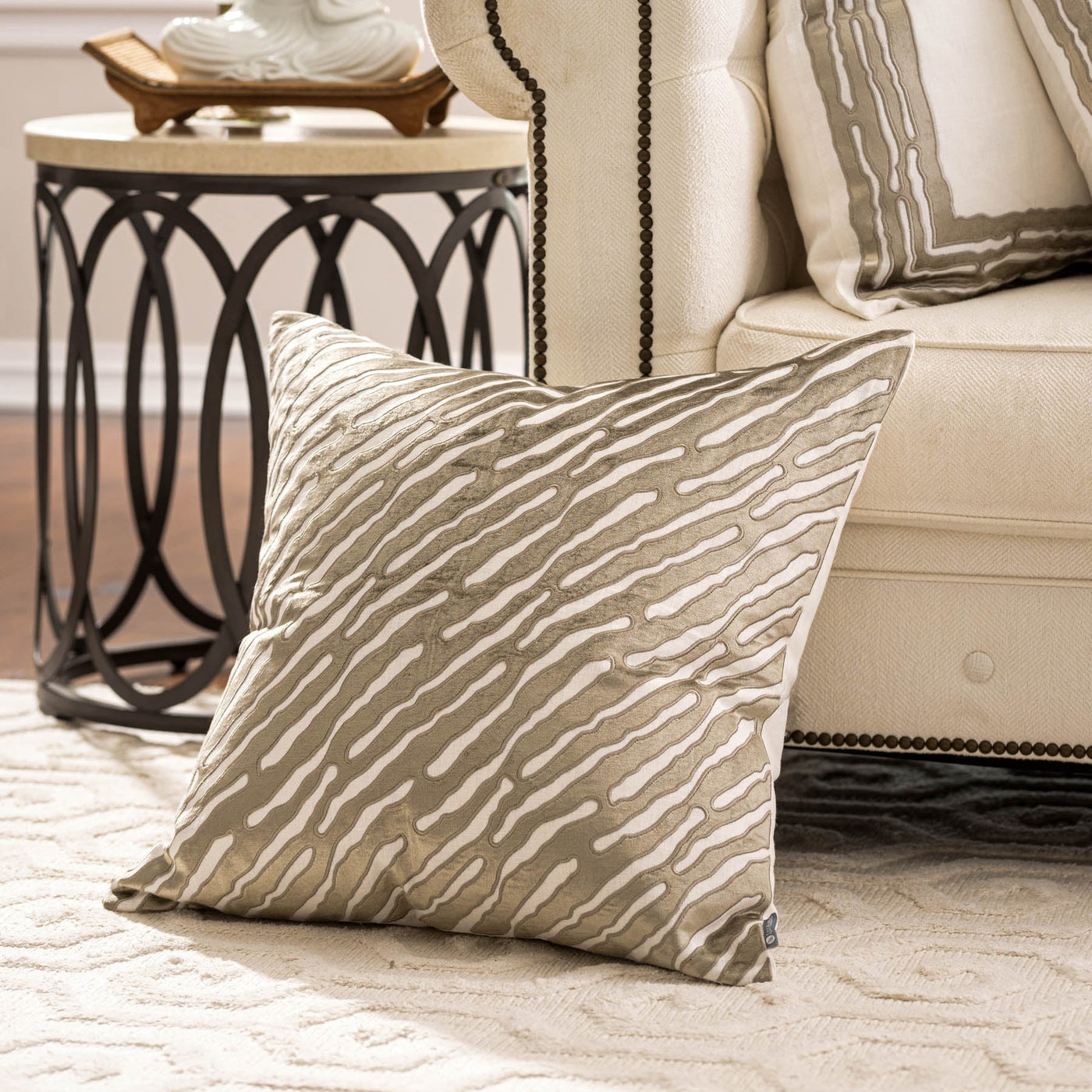 Abstract Square Pillow White Linen/Buff Velvet Applique 24X24