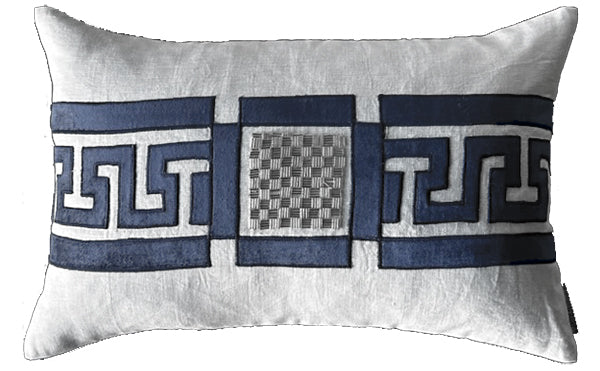 Dimitri Small Rectangle Pillow White Linen / Navy Velvet Applique 14X22 (Insert Included) Final Sale