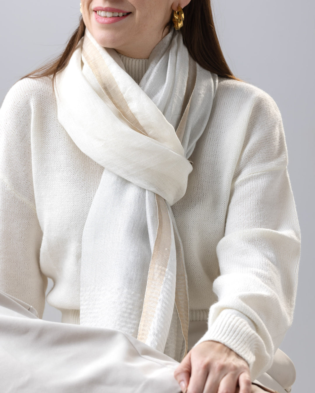 Ivory Linen Scarf – Lightweight Lurex Striped Wrap | Lili Alessandra