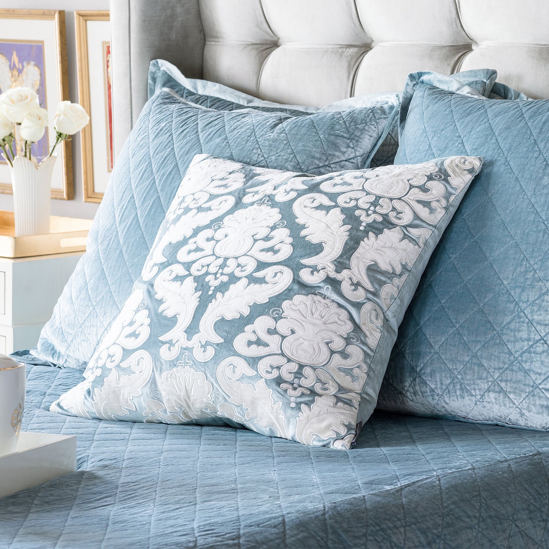 Versailles Square Pillow Ice Blue / Ivory Velvet (24X24) by Lili